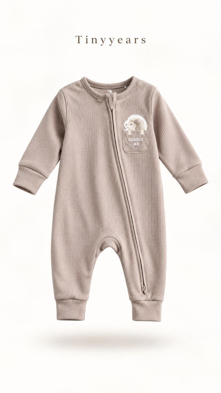Cuddle Me Hedgehog Ribbed Baby Sleepsuit – Full Sleeve Zip Jumpsuit