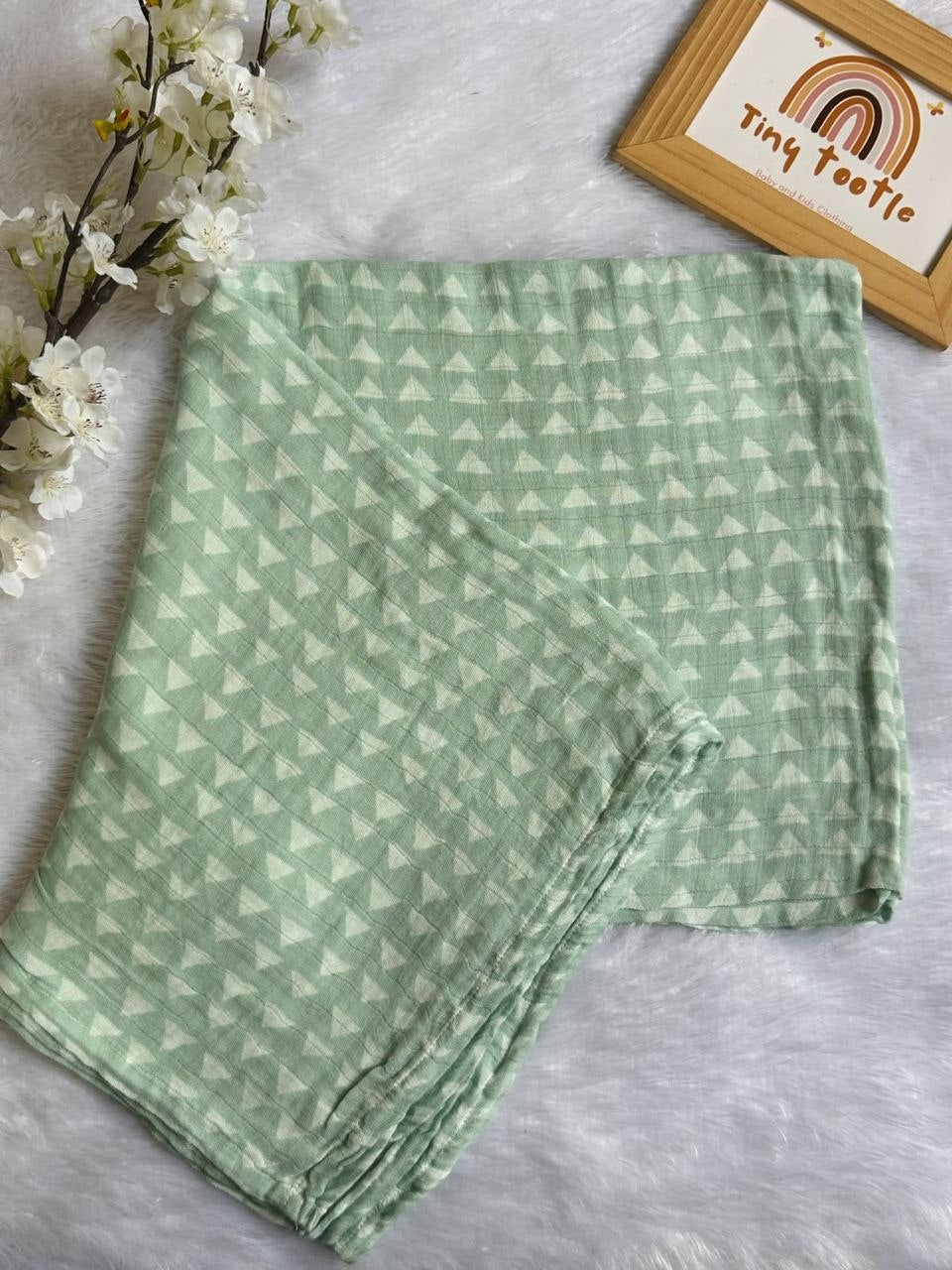 Mint Green Triangle Print Muslin Baby Swaddle Wrap – 100% Cotton
