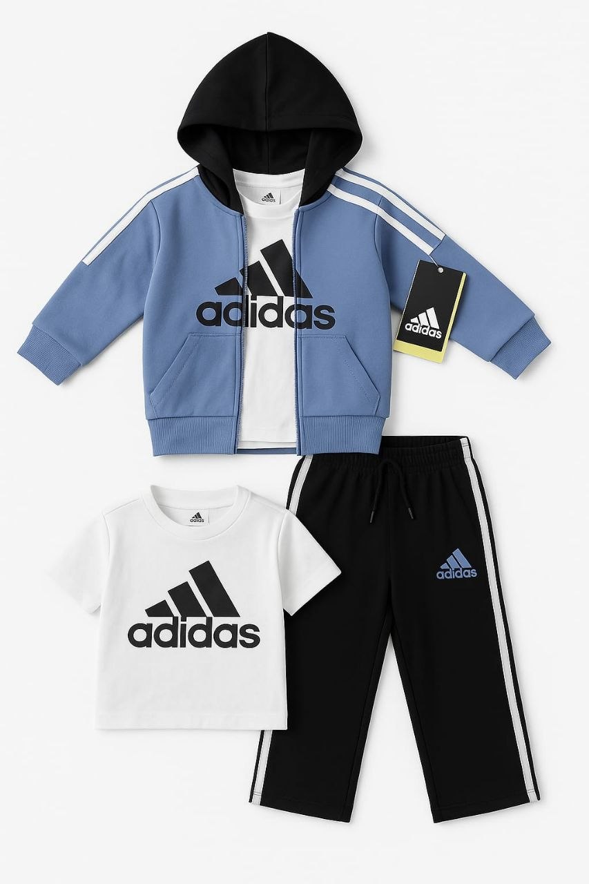 Kids 3-Piece Hooded Tracksuit Set – Zip Hoodie, T-Shirt & Jogger Pants | Blue & Black
