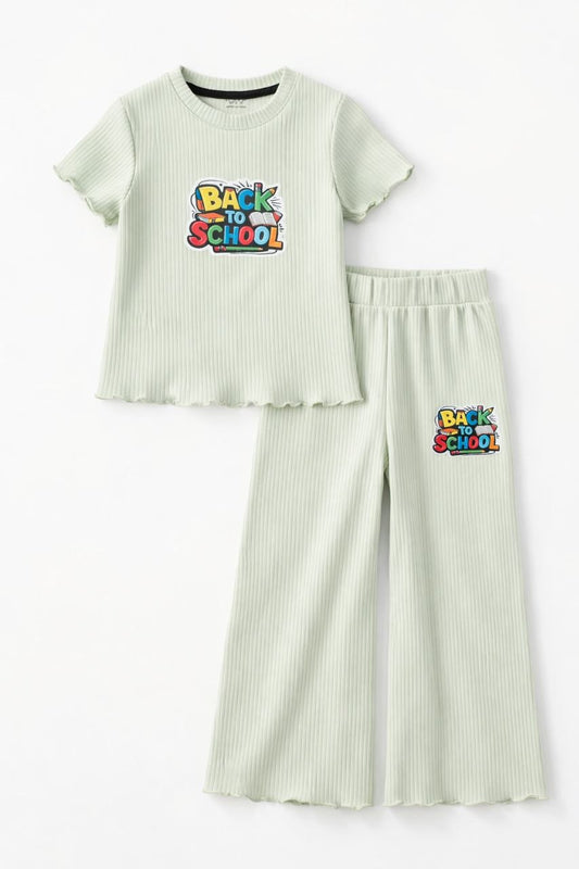 Girls Mint Green “Back to School” Co-Ord Set – Ribbed Top & Flared Pants
