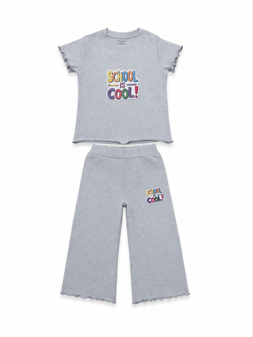 Girls Grey “School is Cool” Co-Ord Set – Ribbed Top & Flared Pants