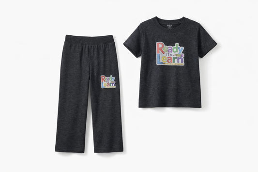 Girls Charcoal Grey “Ready to Learn” Co-Ord Set – T-Shirt & Straight Pants