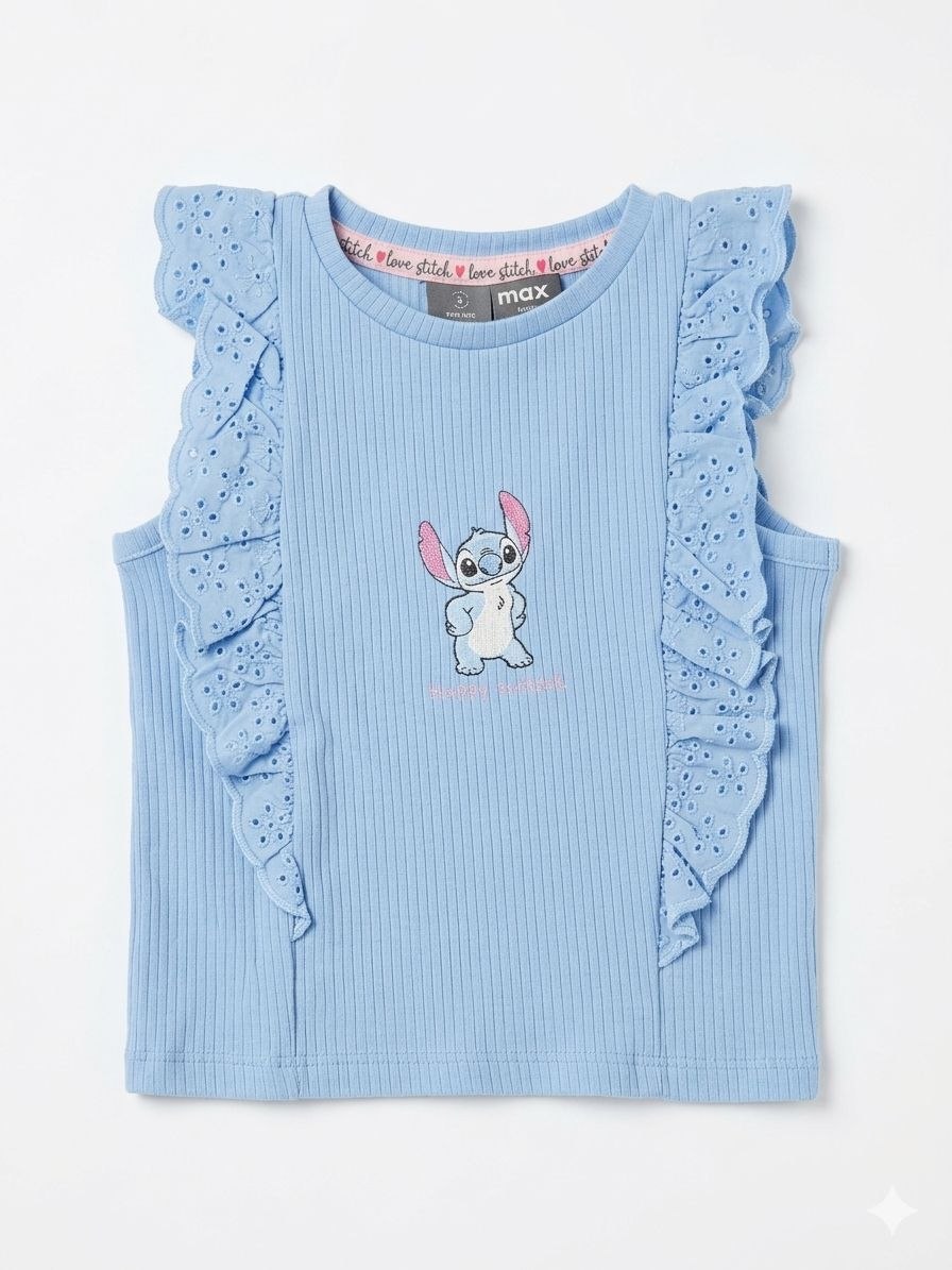 Girls Blue Ribbed Sleeveless Top with Frill Detail – Cute Character Print Tee