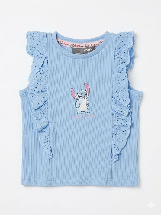 Girls Blue Ribbed Sleeveless Top with Frill Detail – Cute Character Print Tee