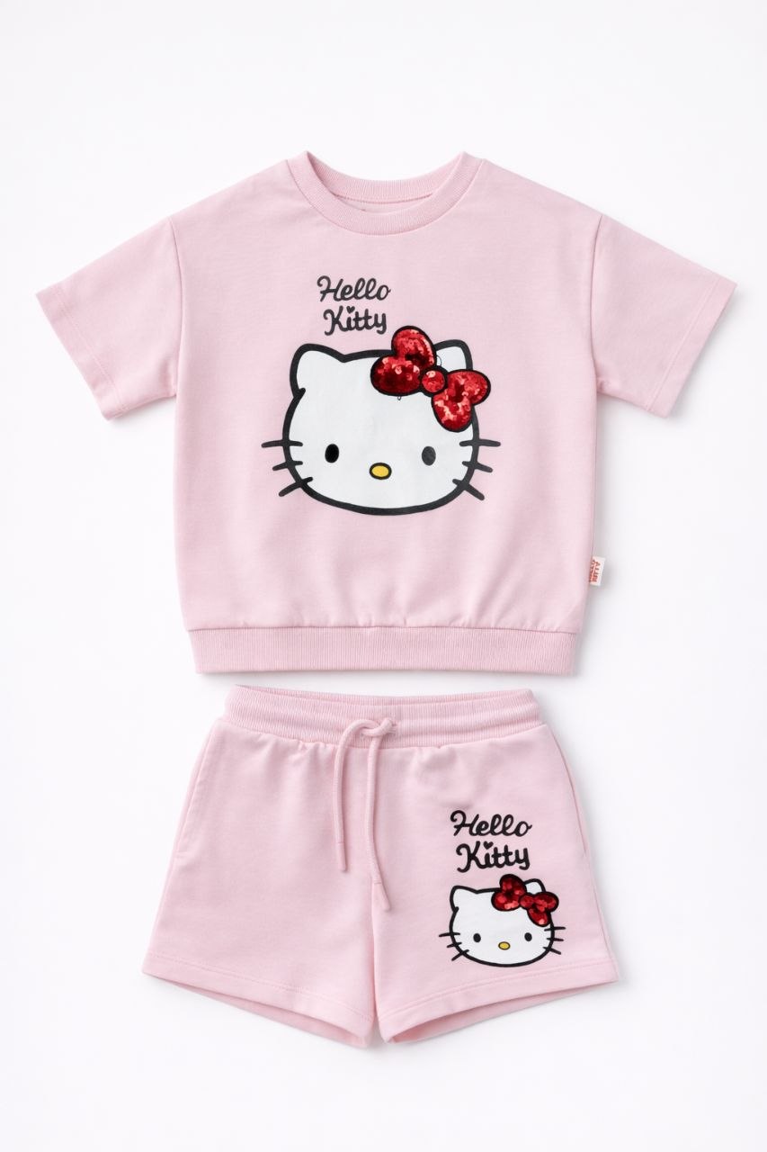Girls Hello Kitty Cotton Co-ord Set – Pink T-Shirt & Shorts (2-Piece Lounge Set)