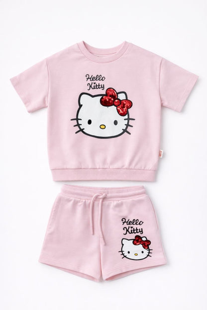 Girls Hello Kitty Cotton Co-ord Set – Pink T-Shirt & Shorts (2-Piece Lounge Set)
