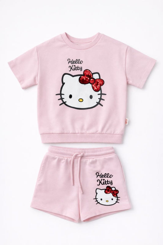 Girls Hello Kitty Cotton Co-ord Set – Pink T-Shirt & Shorts (2-Piece Lounge Set)