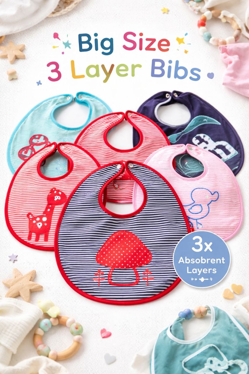 Big Size 3-Layer Baby Bibs – Ultra Absorbent Waterproof Feeding Bib Set ( RANDOM COLOR)   (Pack of 3)