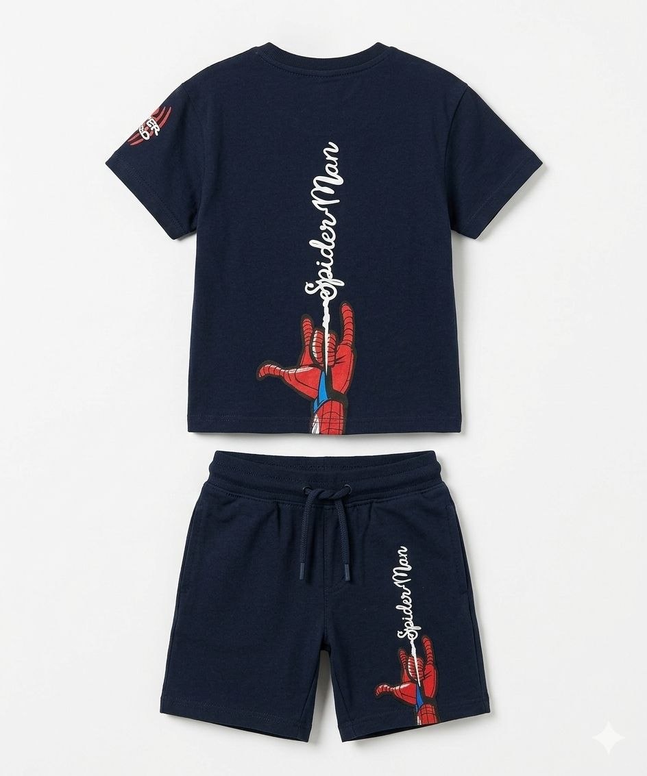 Boys Spider-Man Cotton Co-ord Set – Black T-Shirt & Shorts (2-Piece Outfit)