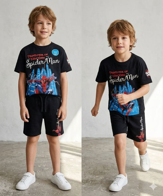 Boys Spider-Man Cotton Co-ord Set – Black T-Shirt & Shorts (2-Piece Outfit)