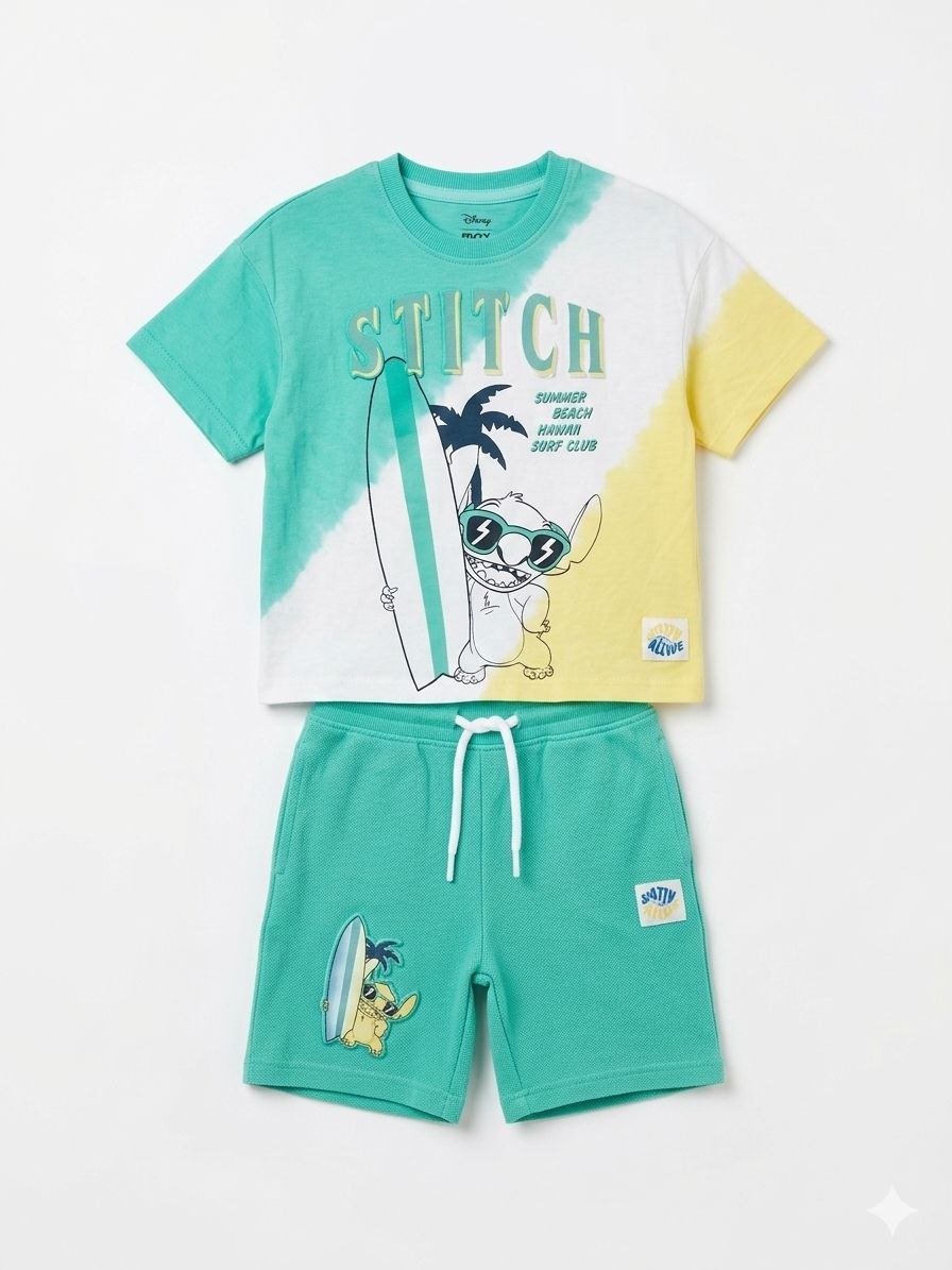 Boys Stitch Cotton Co-ord Set – Surf Print T-Shirt & Shorts (2-Piece Summer Outfit)