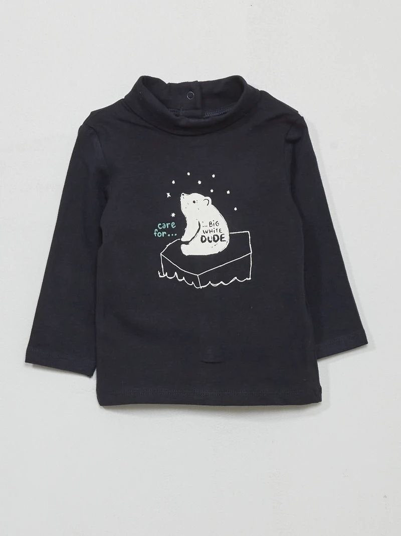 Kids Black High Neck T-Shirt with Cute Bear Print | Soft Cotton Winter Top