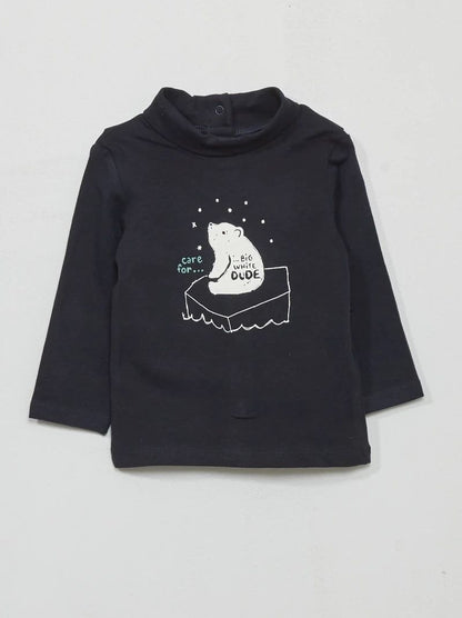 Kids Black High Neck T-Shirt with Cute Bear Print | Soft Cotton Winter Top