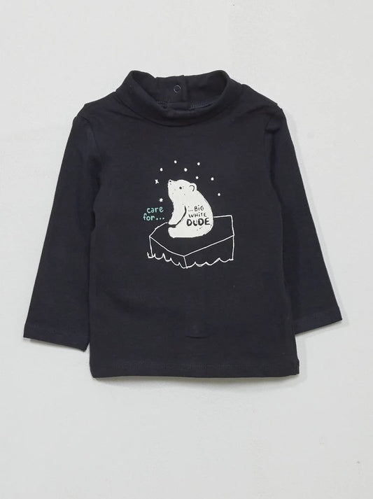 Kids Black High Neck T-Shirt with Cute Bear Print | Soft Cotton Winter Top