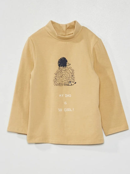 Kids Beige High Neck T-Shirt with Hedgehog Print | Soft Cotton Full Sleeve Winter Top