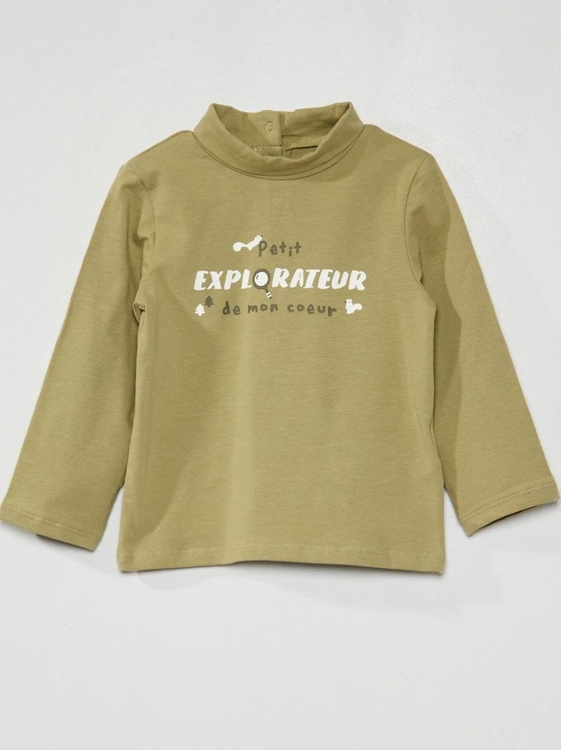 Olive High Neck T-Shirt – “Petit Explorateur” Printed Winter Top