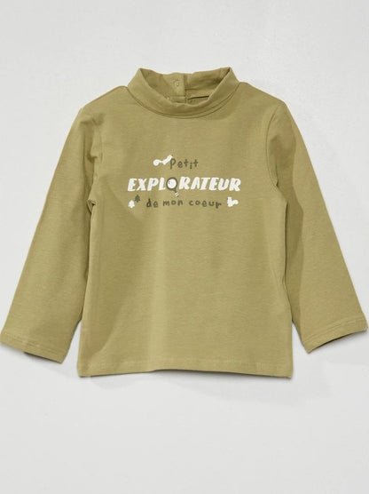 Olive High Neck T-Shirt – “Petit Explorateur” Printed Winter Top