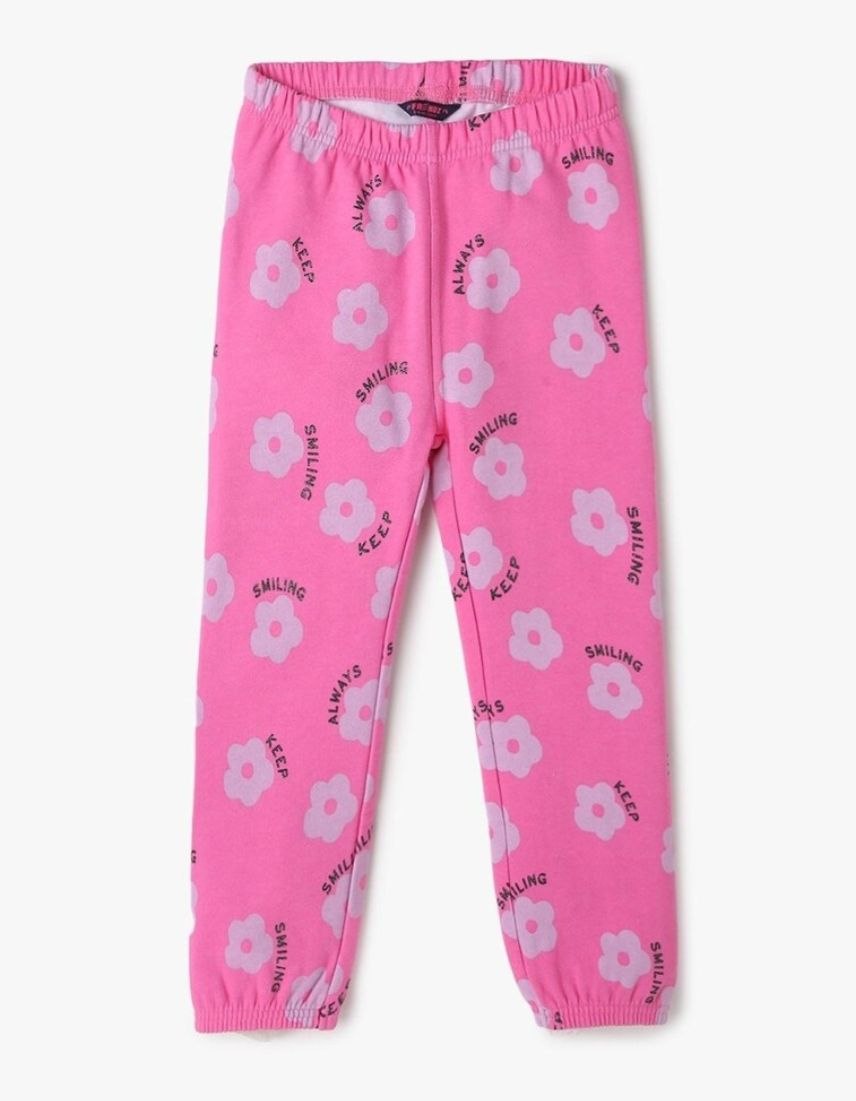 Pink Floral Kids Jogger Pants – “Keep Smiling” Printed Cotton Bottoms
