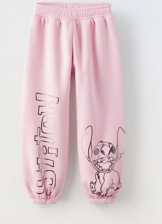 Light Pink Kids Jogger Pants with “Stitch” Cartoon Print – Soft Cotton Track Pants