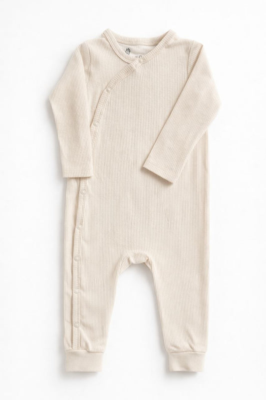 Baby Unisex Ribbed Cotton Sleepsuit – Cream Side-Snap Full Sleeve Onesie