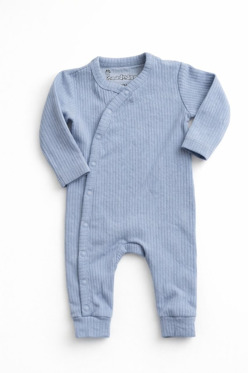 Baby Unisex Ribbed Cotton Sleepsuit – Sky Blue Side-Snap Full Sleeve Onesie