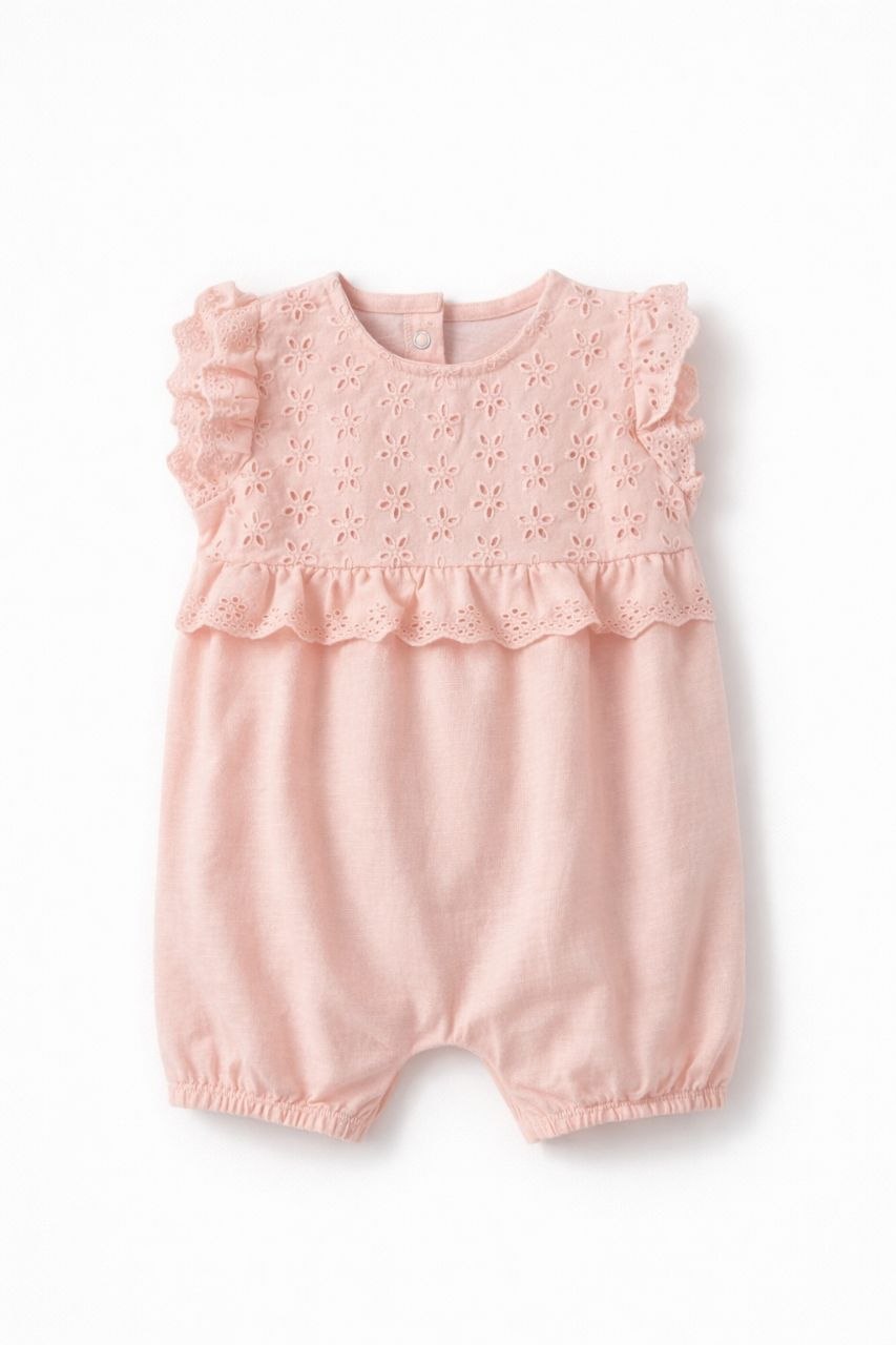 Blush Orange Floral Eyelet Baby Romper with Frill Sleeves