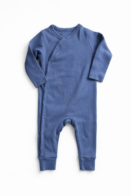 Baby Unisex Ribbed Cotton Sleepsuit – Classic Blue Side-Snap Full Sleeve Onesie