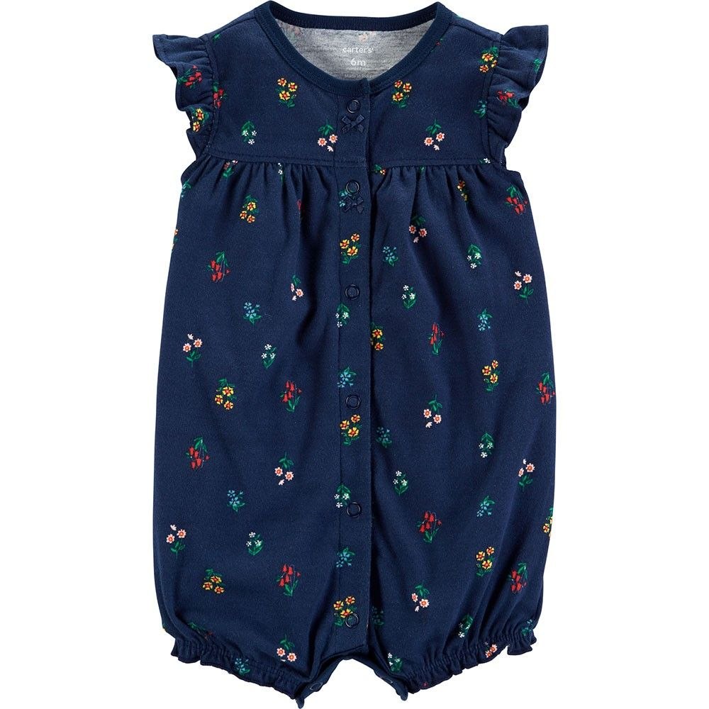 Baby Girls Floral Cotton Romper – Navy Blue Ruffle Sleeve Button-Up Onesie