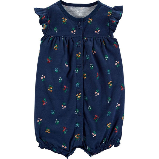 Baby Girls Floral Cotton Romper – Navy Blue Ruffle Sleeve Button-Up Onesie