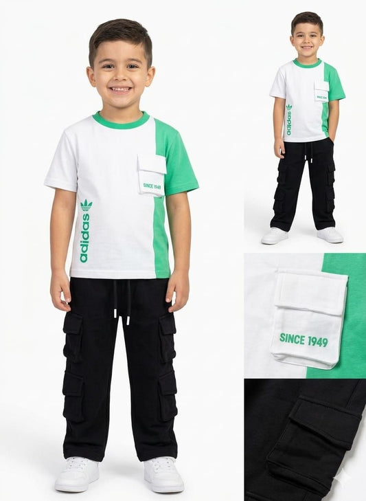 Sporty Street Kids Co-ord Set – Green Panel Tee & Cargo Pants