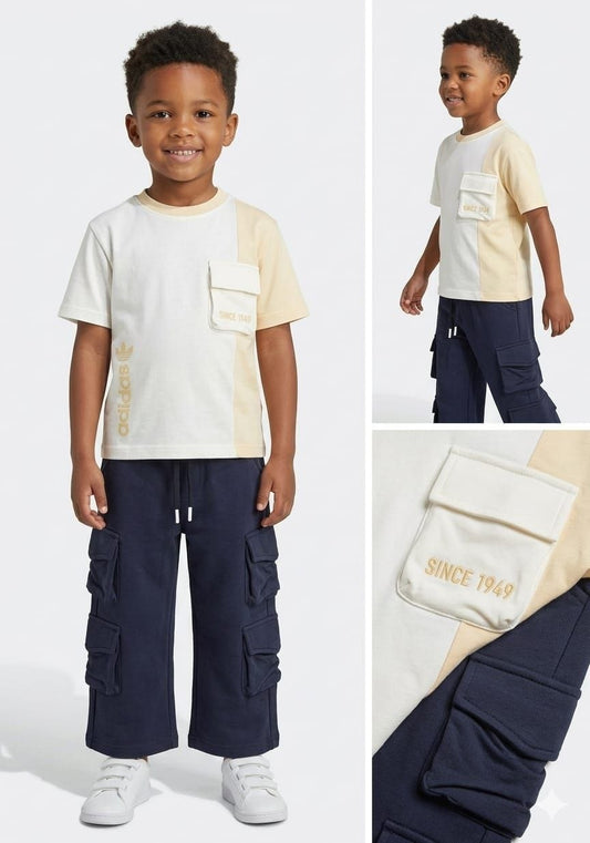 Classic Beige Kids Co-ord Set – Minimal Panel Tee & Cargo Pants