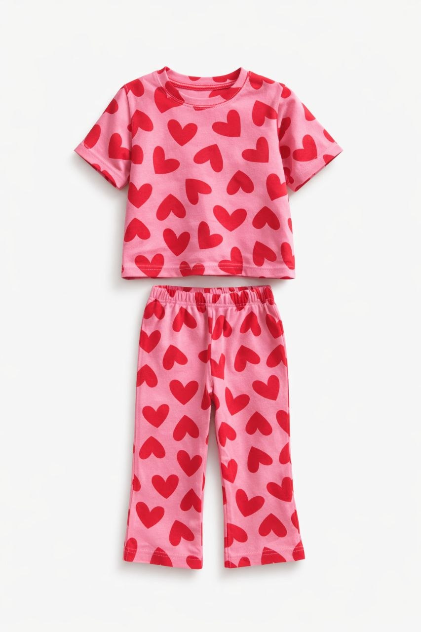 Love Pop Kids Co-ord Set – Pink Heart Print Tee & Pants