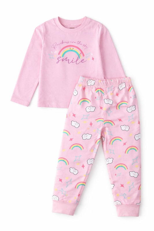 Girls Rainbow Cotton Night Suit Set – Pink Full Sleeve Top & Printed Pajama