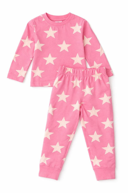 Girls Pink Star Print Cotton Night Suit Set – Full Sleeve Top & Pajama
