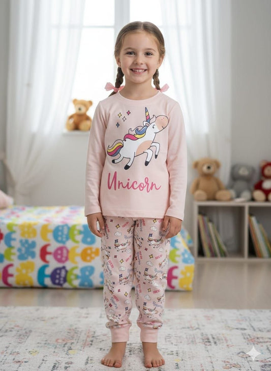 Girls Unicorn Cotton Night Suit Set – Pink Full Sleeve Top & Printed Pajama