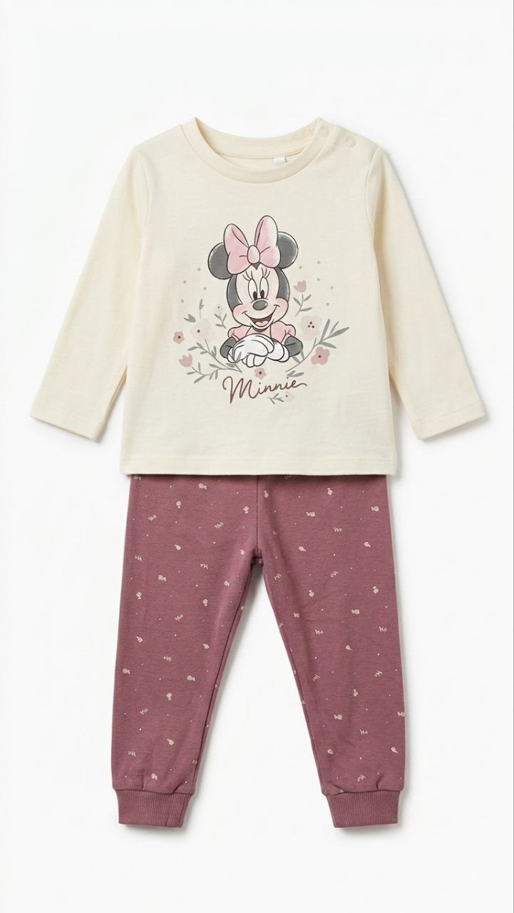 Disney Minnie Mouse Baby Girls Cotton Night Suit Set – Full Sleeve Top & Jogger Pants | 2-Piece Sleepwear