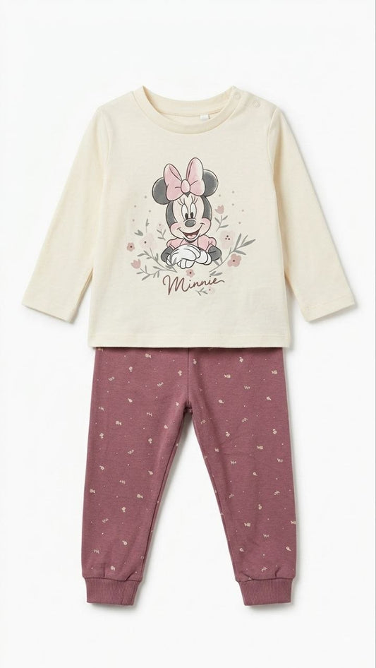 Disney Minnie Mouse Baby Girls Cotton Night Suit Set – Full Sleeve Top & Jogger Pants | 2-Piece Sleepwear