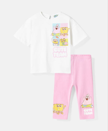 SpongeBob SquarePants Girls Cotton Co-Ord Set – Cute Team T-Shirt & Capri Leggings | 2-Piece Outfit