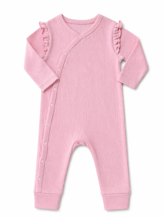 Blush Pink Ribbed Baby Romper with Frill Shoulders – Wrap Style