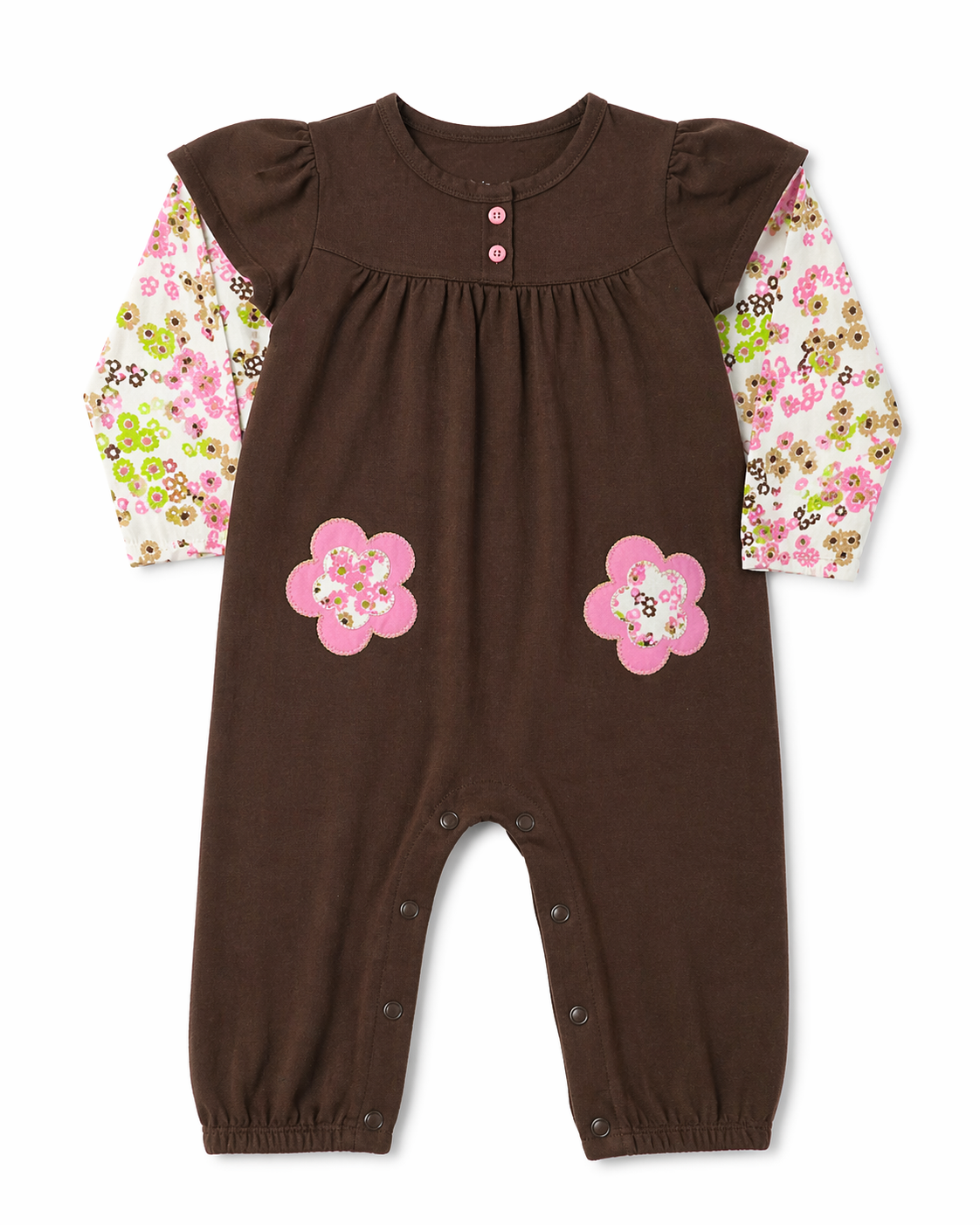 Vintage Floral Baby Romper – Brown & Pink Patch Detail Onesie