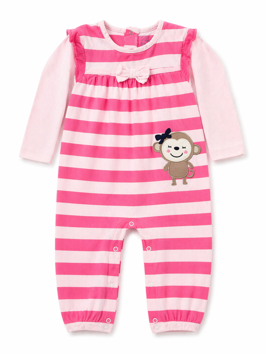 Candy Stripe Baby Romper – Pink Bow & Monkey Patch Onesie