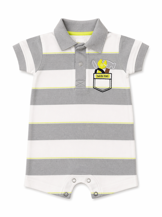 Handy Man Polo Baby Romper – Grey Stripe Cotton Onesie