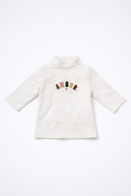 Ivory High Neck Full Sleeve Kids T-Shirt – “Amour” Embroidered Winter Top