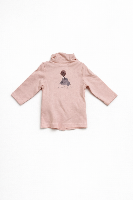 Blush Pink High Neck Full Sleeve Kids T-Shirt with Teddy Pom-Pom Detail