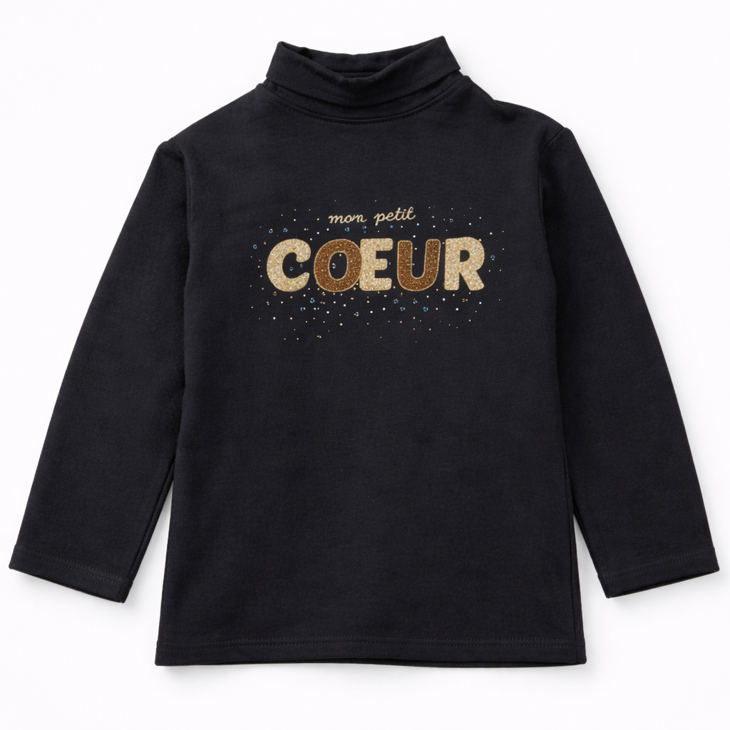 Girls Black Turtleneck Top – “Mon Petit Coeur” Gold Print (Winter Essential)