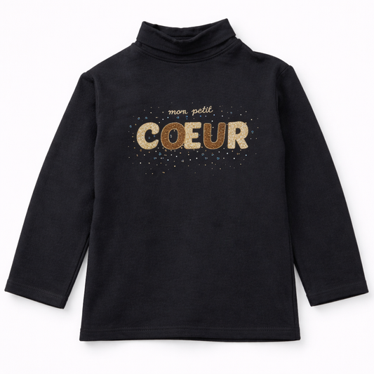 Girls Black Turtleneck Top – “Mon Petit Coeur” Gold Print (Winter Essential)