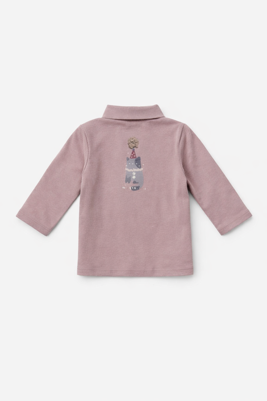 Dusty Rose High Neck Full Sleeve Kids T-Shirt with Cute Cat Print