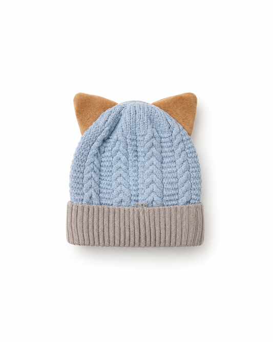 Kids Baby Blue & Beige Knitted Cat-Ear Winter Beanie