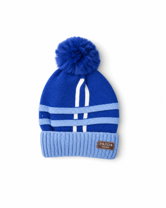 Kids Royal Blue & Light Blue Knitted Pom-Pom Winter Beanie