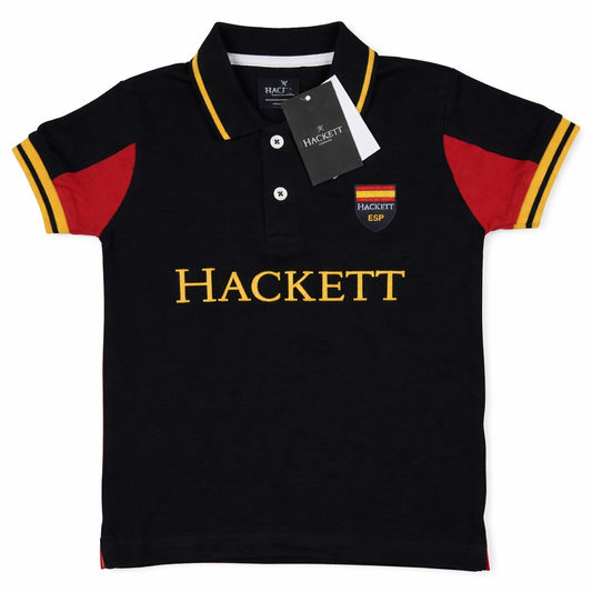 Boys Premium Black Polo T-Shirt with Contrast Sleeves & Embroidery